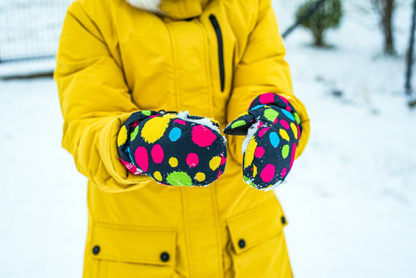 Ruce v rukavicích drží sníh. pozadí zimního oblečení - Fotografie, Obrázek