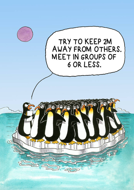 Coronavirus broma de dibujos animados sobre una manada de pingüinos - Foto, Imagen