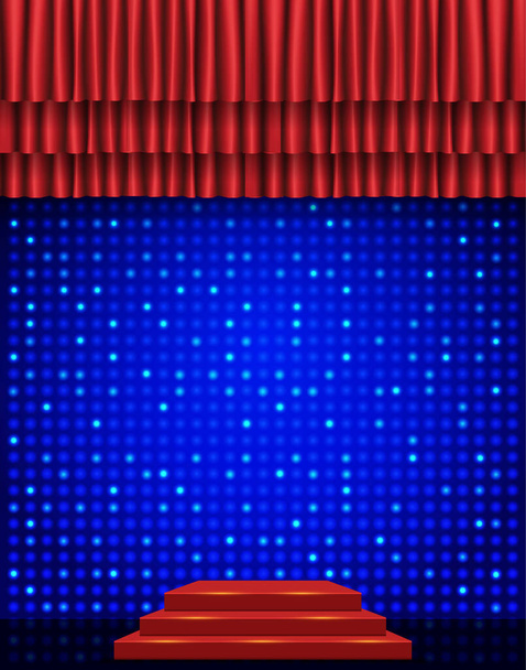 Lege scène met blauw mozaïek podium en rood gordijn. Vectorillustratie - Vector, afbeelding