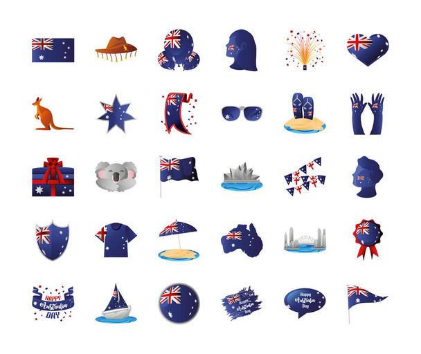 australia día iconos conjunto incluyen bandera puente corazón globos perfil camisa regalo paraguas y más - Vector, imagen