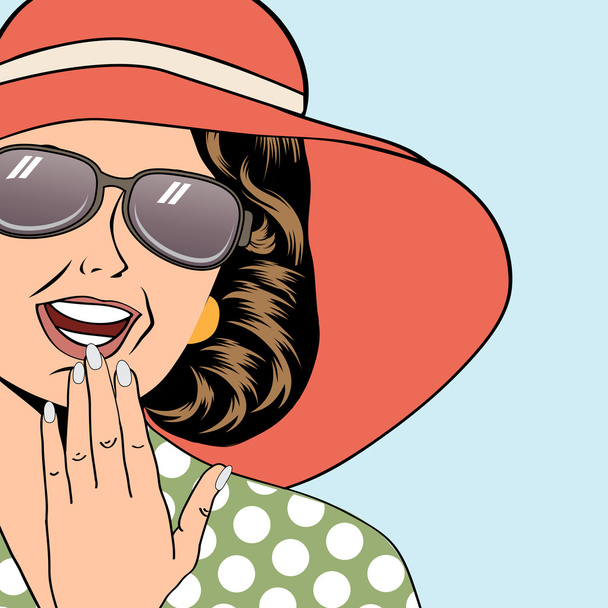 popart retro woman with sun hat in comics style, summer illustra - Vector, Image
