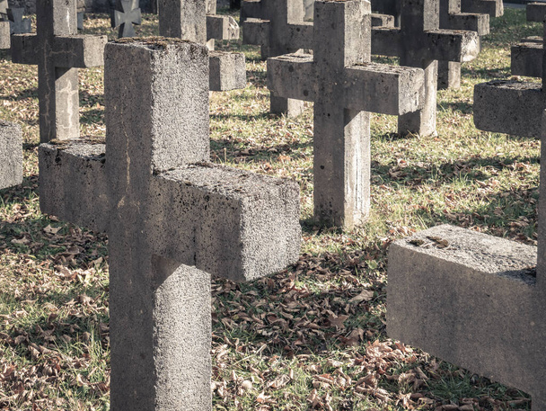 Croix en pierre solide alignée dans un cimetière. - Photo, image