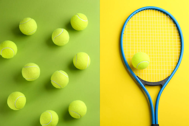 Tennis racket and balls on color background, flat lay. Sports equipment - Foto, Bild