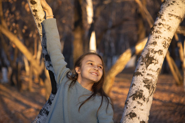 Egy hosszú hajú mosolygós lány ölelgeti a nyírfa törzsét egy őszi park hátterében az aranyórában. - Fotó, kép