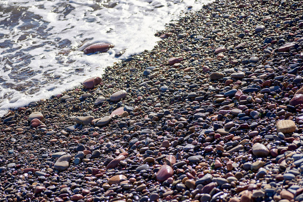 Small rocks beach shore, unfocused background, nobody, foreground, sunny, big and small stones - Photo, Image