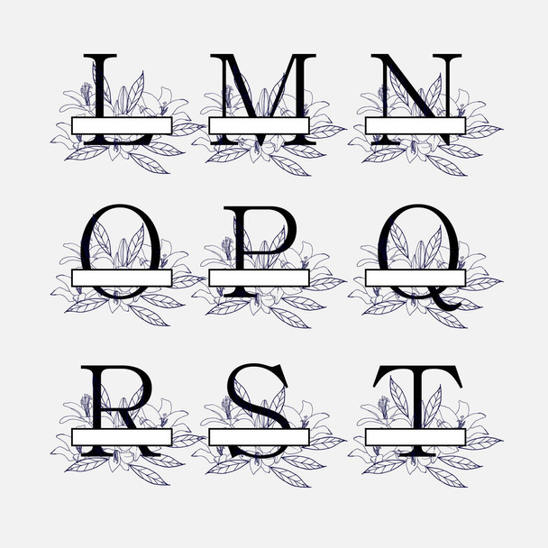 Monogramme vectoriel floral avec lettres et lis. Art linéaire.  - Vecteur, image
