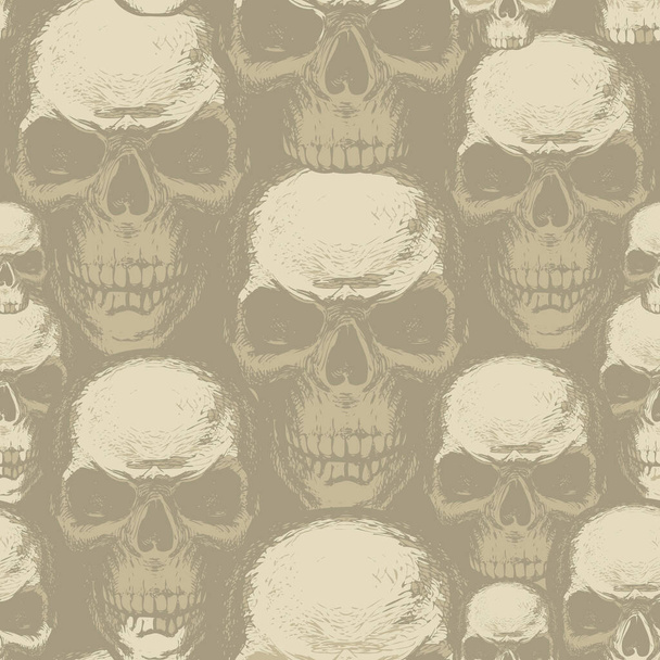 Seamless pattern with human skulls. Vector background with hand-drawn skulls. Graphic print for apparel, fabric, wallpaper, wrapping paper, design element for halloween party - Διάνυσμα, εικόνα