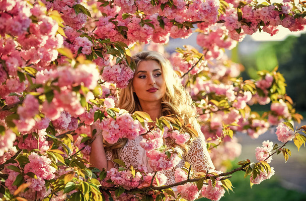 Spring symbol. Girl enjoy sakura in garden. Spring blossom. Happy spring day. Tenderness and femininity. Cherry tree. Floral aroma. Reasons why flowers make women happy. Rest relax and vacation - Fotoğraf, Görsel