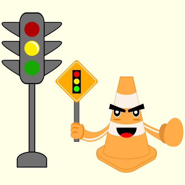 イラストベクトルグラフィック漫画のキャラクターの黄色の光の交通信号に注意のサインです。 - ベクター画像