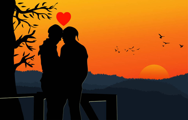 A couple man and woman standing under tree with sunset on sky at evening with mountain background design vector illustration - Vector, Imagen