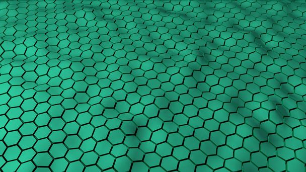 Absztrakt zöld színű hatszögletű geometria minták hat oldalas poligonnal és sima hullámos mozgással. Absztrakt trendi háttér üzleti & technológiai vagy bármely más projekt.3D render. - Fotó, kép