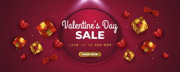 Walentynkowy baner promocyjny lub reklamowy z realistycznym pudełkiem prezentów, czerwonym sercem i musującym złotym konfetti - Wektor, obraz