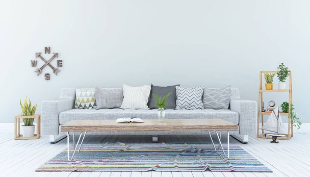 3d рендеринг скандинавської вітальні з диваном, столом і морським оздобленням - Фото, зображення
