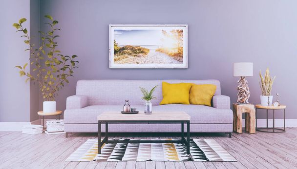 3D vykreslení skandinávského obývacího pokoje s pohovkou a stolní a námořní výzdobou - retro vzhled - Fotografie, Obrázek