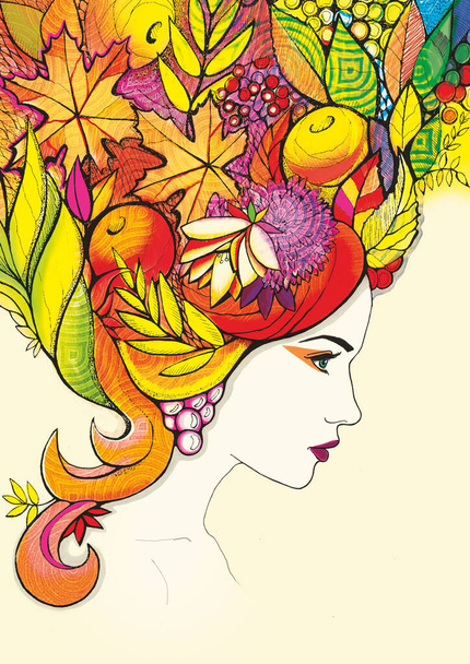junges Mädchen mit Haaren aus Beeren und Blättern. grafische Handzeichnung. Herbst-Illustration für Katalog, Booklet, Zeitschriftencover, Postkarte  - Foto, Bild