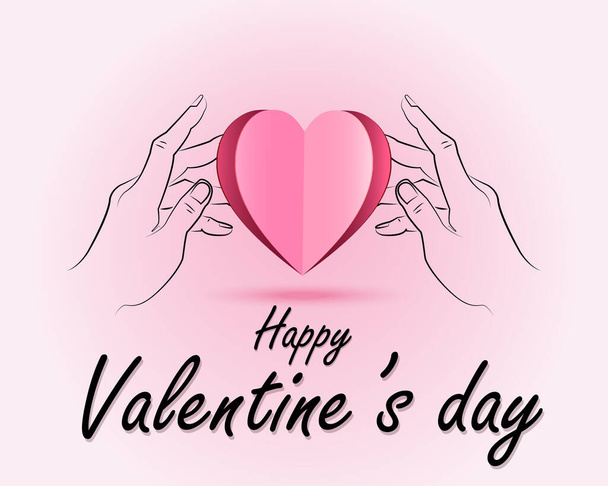 Valentijn achtergrond met groet boodschap, lay-out van twee handen met papier gesneden roze hart vorm, Valentijnsdag illustratie vector, liefde concept en het geven van liefde - Vector, afbeelding