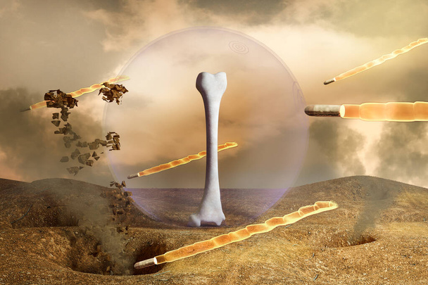 Human thigh bone in a transparent shield protecting from the bullets on desert with smoke. Osteoporosis world day or strong bones or symbol of success and self-confidence concept. 3D illustration - Photo, Image