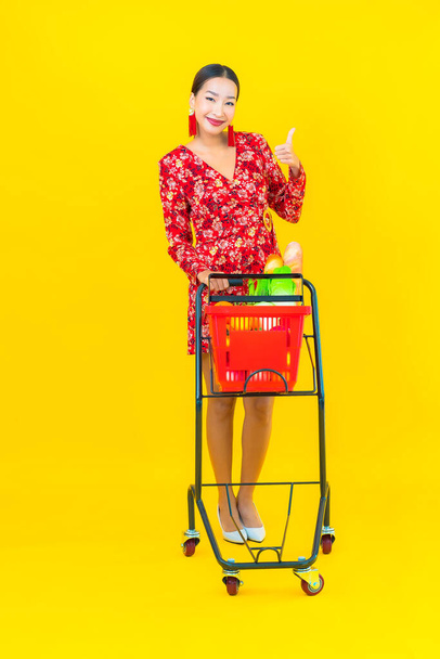 Porträt schöne junge asiatische Frau mit Lebensmittelgeschäft in Korb und Einkaufswagen aus dem Supermarkt - Foto, Bild