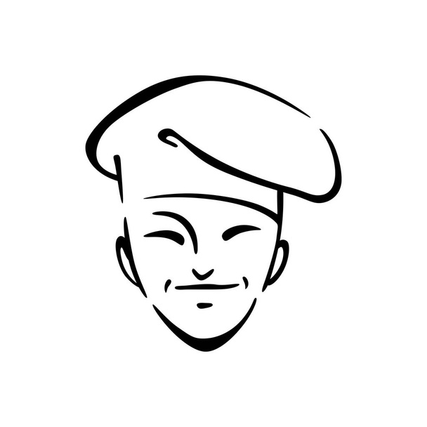韓国料理人が輪郭線ベクトルイラストを作る。伝統的なアジア料理のロゴデザインアイデア。白地に帽子の輪郭文字の若いシェフ。レストランの従業員。カフェロゴデザインのアイデア - ベクター画像