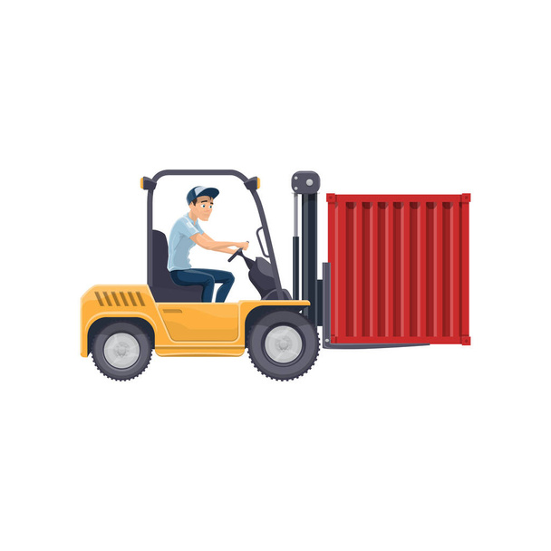Gabelstapler mit Fahrer-Vektor-Symbol. Lagerarbeiter belädt Container mit Gabelverlängerungen - Vektor, Bild