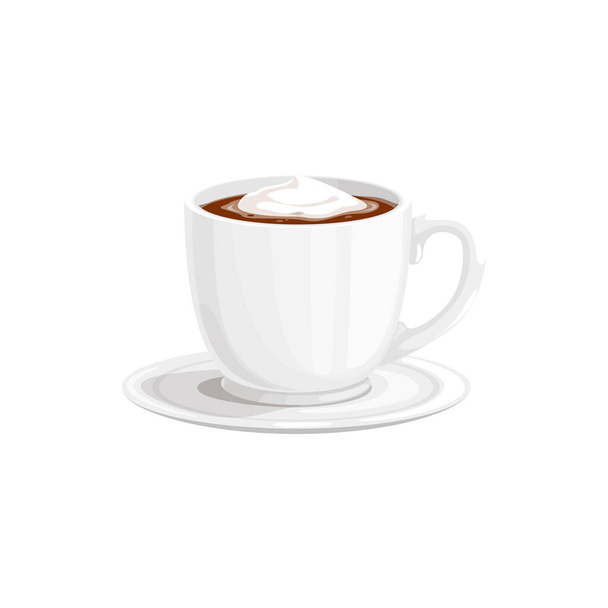 Чашка горячего шоколада или какао пить кружку и кофе, векторная икона. Горячий шоколад или какао сладкий напиток с зефиром или сливочным молоком пеной в белой чашке на тарелке, десертный напиток на завтрак - Вектор,изображение