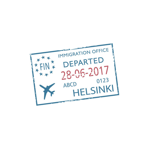 Отбытие из Хельсинки изолированной визовой марки. Векторная Финляндия иммиграционная печать шаблон с датой и плоскостью - Вектор,изображение