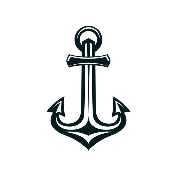 Marine anchor silhouette vector illustration. Navy, ocean fleet, harbor hand drawn monocolor symbol. Heavy steel nautical anchor monochrome badge. Sailor tattoo, sea travel agency logo design element - Vector, Image