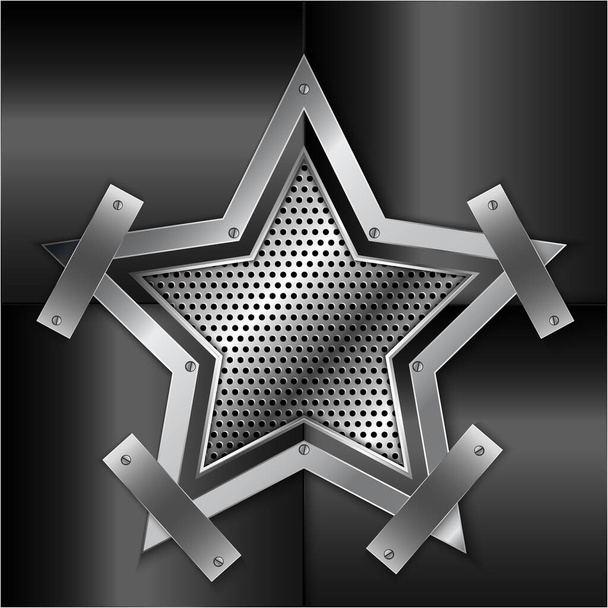  Блестящий металлический фон звезды с винтами на перфорированной текстуре. - Вектор,изображение