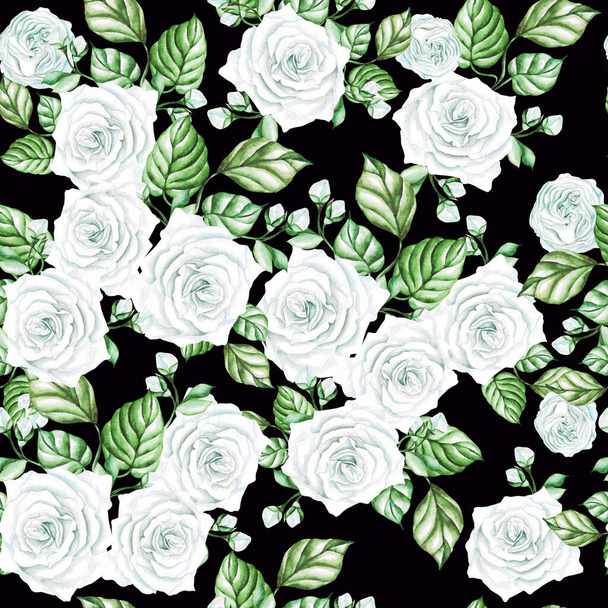 Bezszwowy wzór akwareli z białymi różami i liśćmi. Ilustracja - Zdjęcie, obraz