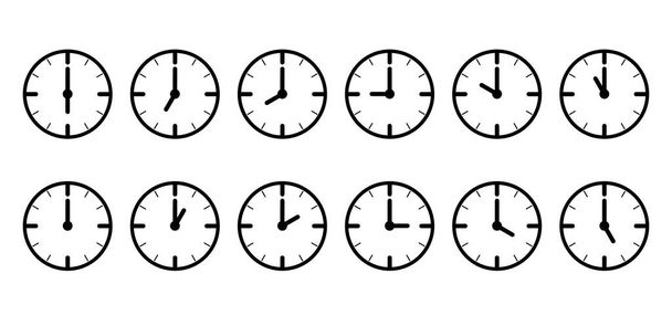 clock set. clock Icons with different times. black icon Isolated on white background. flat lined style design. vector illustration. - Vector, Image