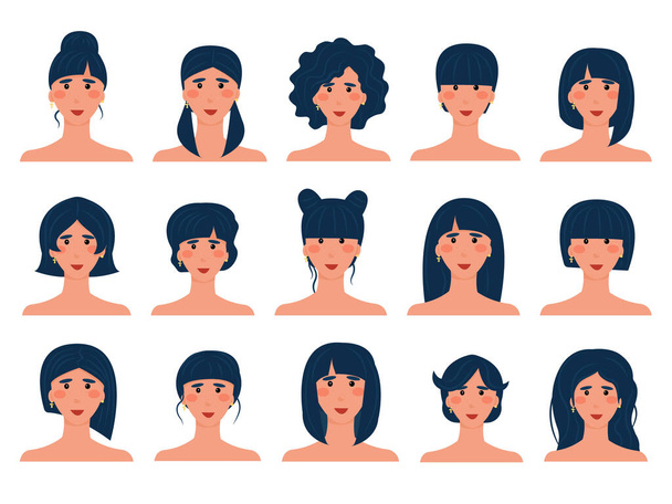 Set von 15 brünetten Avataren mit unterschiedlichen Frisuren. Isoliertes Bild eines europäischen Mädchens mit dunklen Haaren. Frisurenoptionen. Vektorillustration. - Vektor, Bild