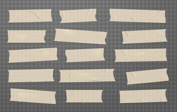Hnědé zmačkané různé velikosti lepidlo, lepicí, maskování, lepicí páska, papírové kousky jsou na tmavém čtvercovém pozadí - Vektor, obrázek