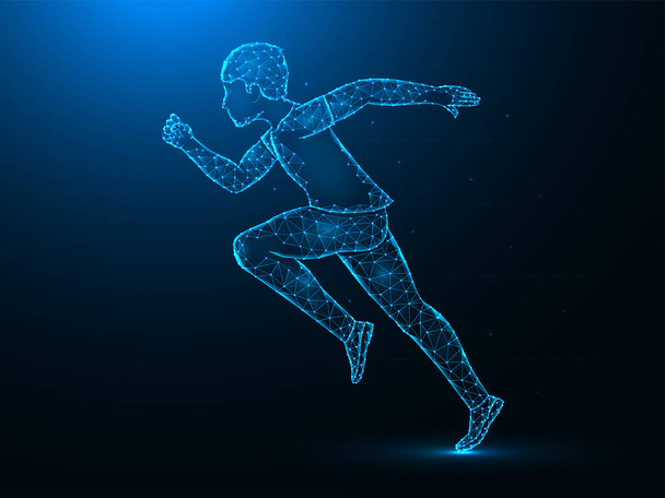 Running man low poly art. Exercise or marathon run polygonal vector illustrations on a blue background. - Vector, Image