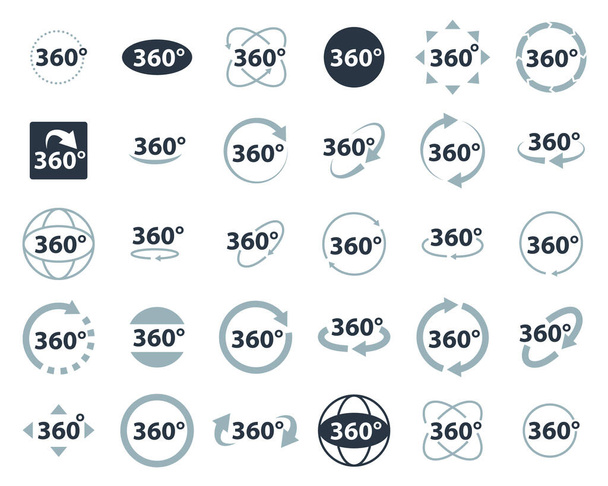 360 degrees icon set. Rotate arrow, VR reality panoramic symbol. Wide degree view icons. Virtual tour or game vector sign. - Vector, Image