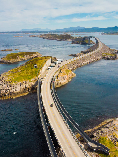 Aerial view. World famous Atlantic road bridge Atlanterhavsvegen in Norway Europe. Norwegian national scenic route. Tourist attraction. - Φωτογραφία, εικόνα
