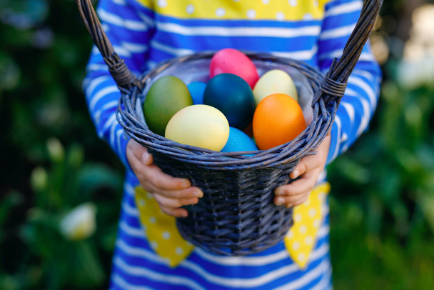 Lähikuva käsissä lapsi tilalla kori värillisiä munia. Lapsella on hauskaa perinteisten pääsiäismunien metsästyksen kanssa ulkona. Kristillisen loman juhla - Valokuva, kuva