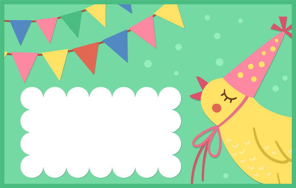 Birthday party template with cute bird. Anniversary greeting and placement card or invitation with chicken and flags on green background. Bright pre-made holiday event design for kids. - Вектор,изображение