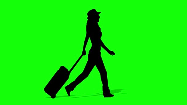 Yürüyen siluet kadın (seyahat çantası ile) çizgi film animasyonu. Döngü animasyonu (4K video). arkaplan şeffaf kullanımı için yeşil arkaplan.. - Video, Çekim