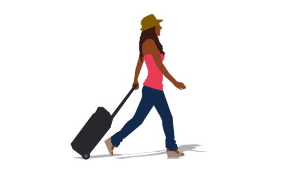 Chodząca czarna kobieta z animacją z torbą podróżną. Animacja pętli (wideo 4K ). - Materiał filmowy, wideo