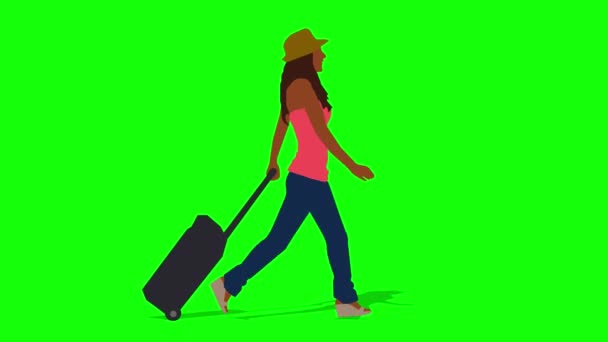 Lopende zwarte vrouw met reistas tekenfilm animatie. Loop animatie (4K video) .groene achtergrond voor achtergrond transparant gebruik. - Video