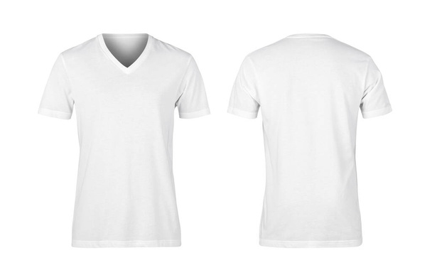 Mujer blanca v-nect camisetas delanteras y traseras aisladas sobre fondo blanco, camino de recorte. - Foto, imagen