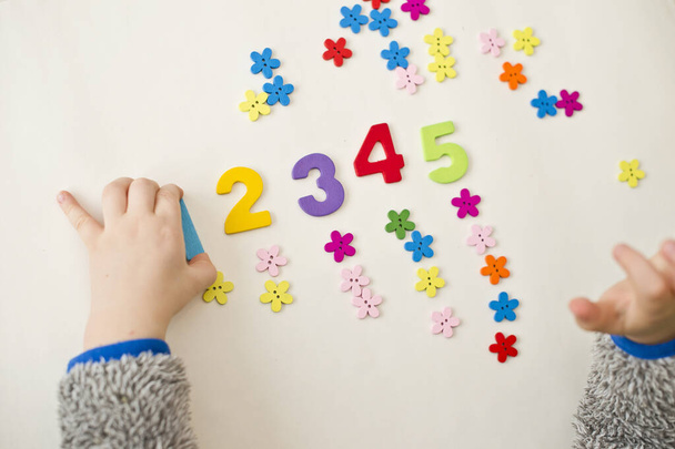 complete a task, put a correct quantity of flowers to each number. early education for 20-36 month babies. Learning to count. Idea for two - three year kids. - Photo, Image