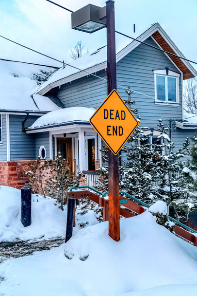 Umpikuja katuvalon tolpassa lumisia naapuruston maisemia vastaan - Valokuva, kuva