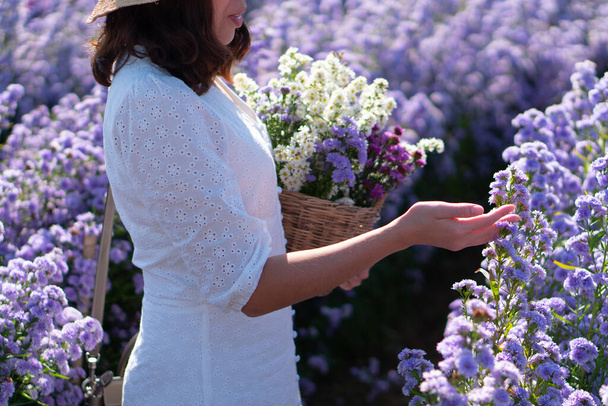 молодая женщина в соломенной шляпе и белом платье. Она несет корзину с цветами и гуляет по цветочному полю Маргарет летом - Фото, изображение