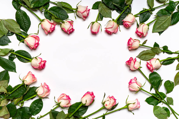 Floral composition. Frame or border made of beautiful fresh pink roses flowers on white background. Mock up for greeting card. Happy women's or mother's day concept. Flat lay, top view, copy space. - Foto, Imagem