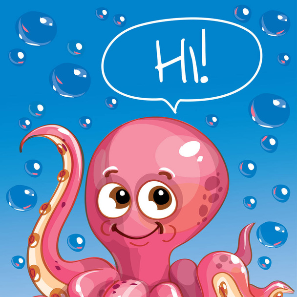 Vector illustration of cartoon octopus. Hi. - Вектор,изображение