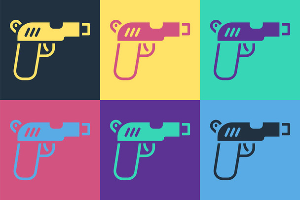 Pop art pistole nebo ikona pistole izolované na barevném pozadí. Policejní nebo vojenská zbraň. Malá zbraň. Vektor. - Vektor, obrázek
