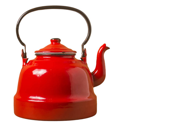 Old red porcelain teapot isolated on white background, copy spac - Photo, Image