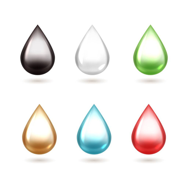 Realistic drops. 3D falling drip. Glossy droplet, light reflection and shadow. Oil or milk, blood and gasoline blobs. Liquid motion, fluid condition. Product advertising, vector set - Wektor, obraz