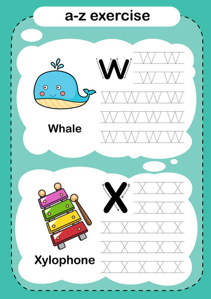 Letra del alfabeto W - Ejercicio X con ilustración de vocabulario de dibujos animados, vector - Vector, imagen